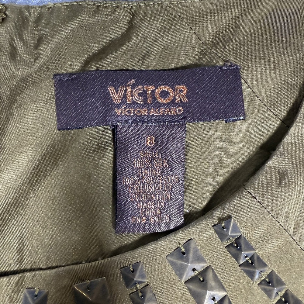 Victor Alfaro Dress Women's 8 Olive Green Puff Short Sleeve Shift - Picture 3 of 8